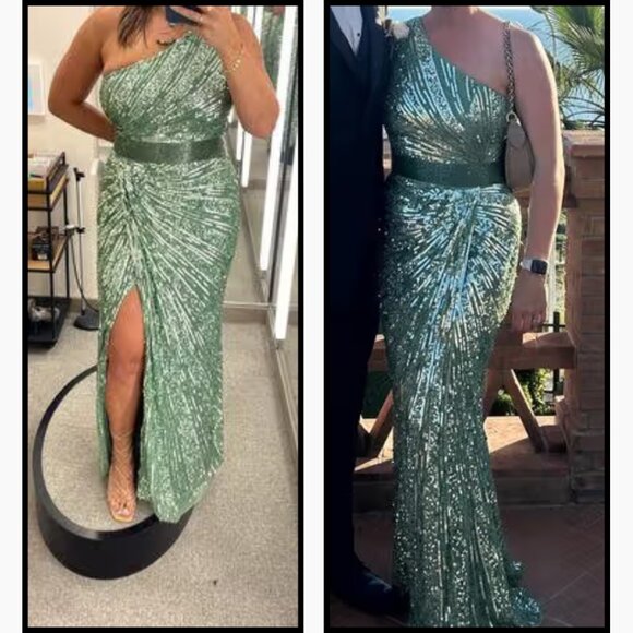 Mac Duggal 5687 Size 16 Sage Green One Shoulder Corset Back Long Maxi Gown Dress - Picture 7 of 7